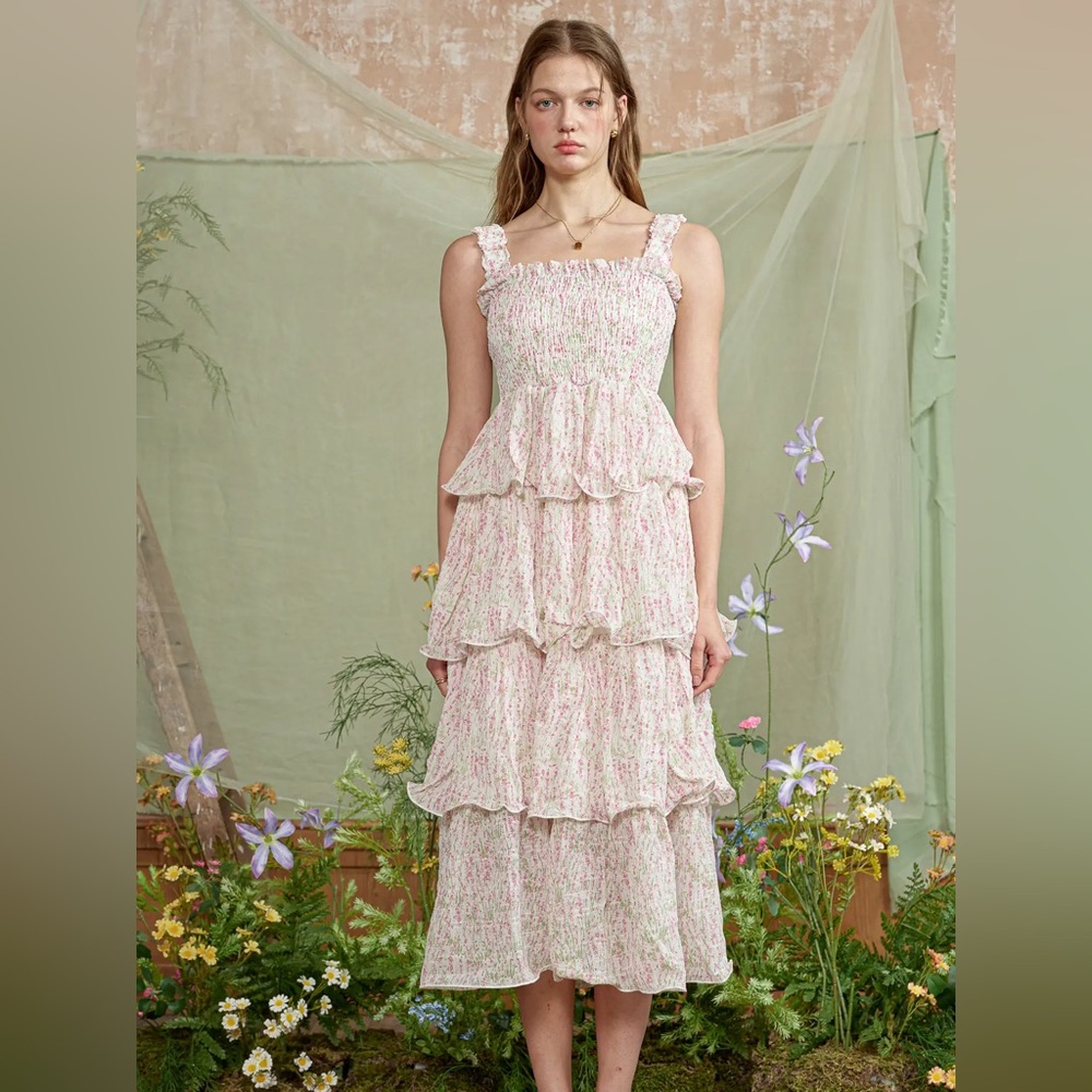 Rosie Posie Floral Tiered Ruffle Midi Dress in Light Pink